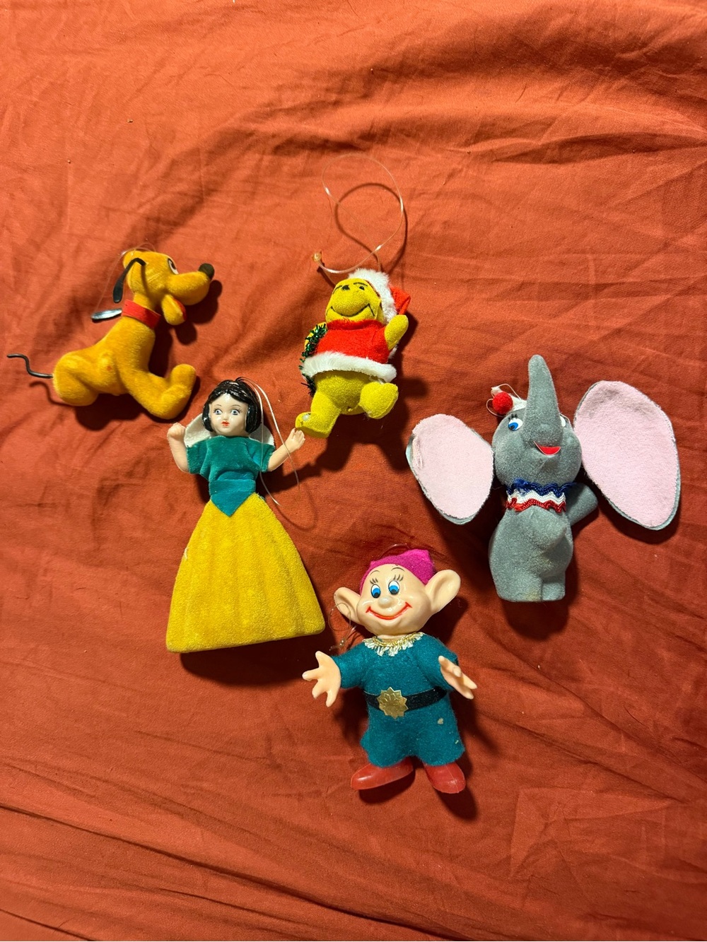 1970s Disney Flocked Christmas Ornaments Pooh Dumbo Snow White Pluto Dopey